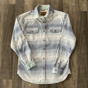 Levitate Baja Organic Cotton Flannel Shirt
Men’s SMALL 
Green Blue White Striped